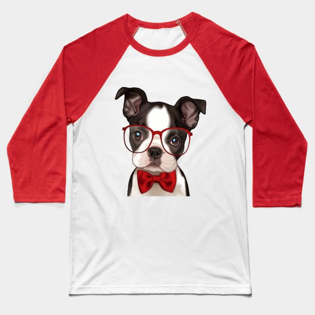 Boxer Puppy wearing Red Glasses and Bow Tie Baseball T-Shirt by tfortwo